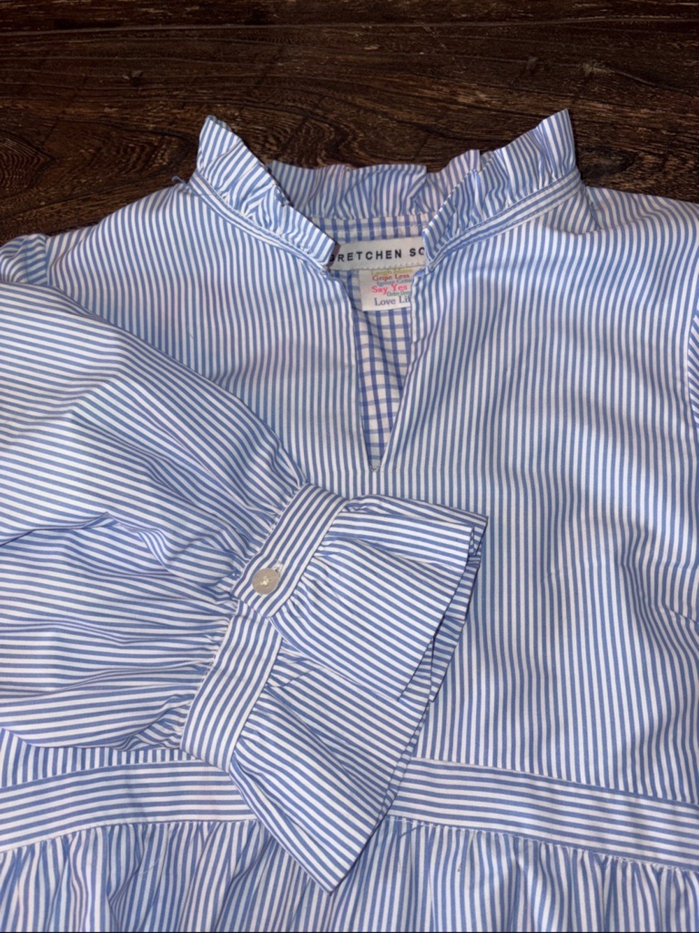 Gretchen Scott Teardrop Tiered Dress Light Blue Pinstripe Size Small - Picture 6 of 8